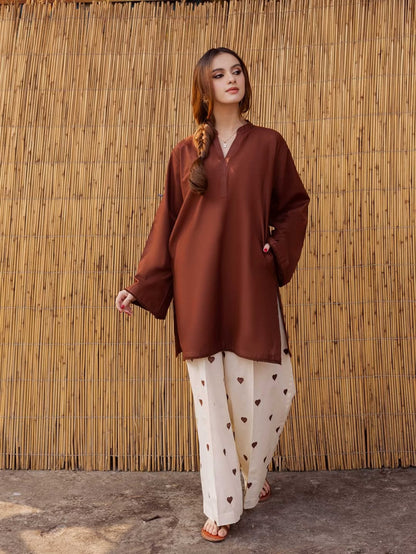 AHLAM COLLECTION   Heart Printed Flapper with V-Neck Short Style Shirt with both side Pockets 2PCs