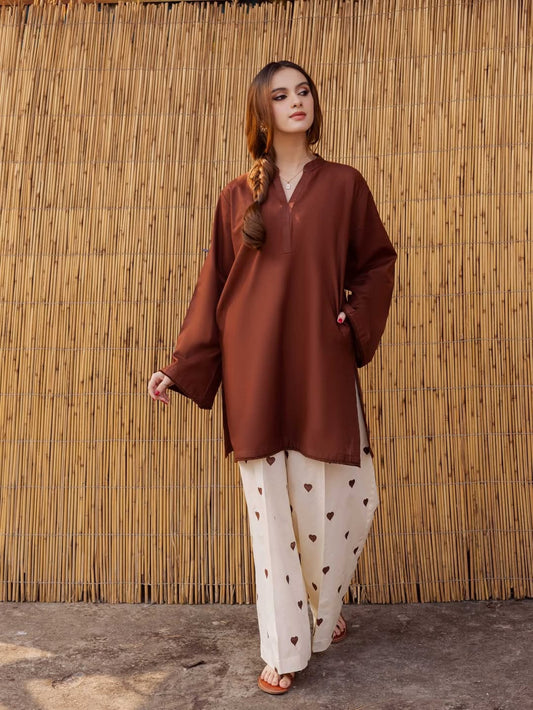 AHLAM COLLECTION   Heart Printed Flapper with V-Neck Short Style Shirt with both side Pockets 2PCs